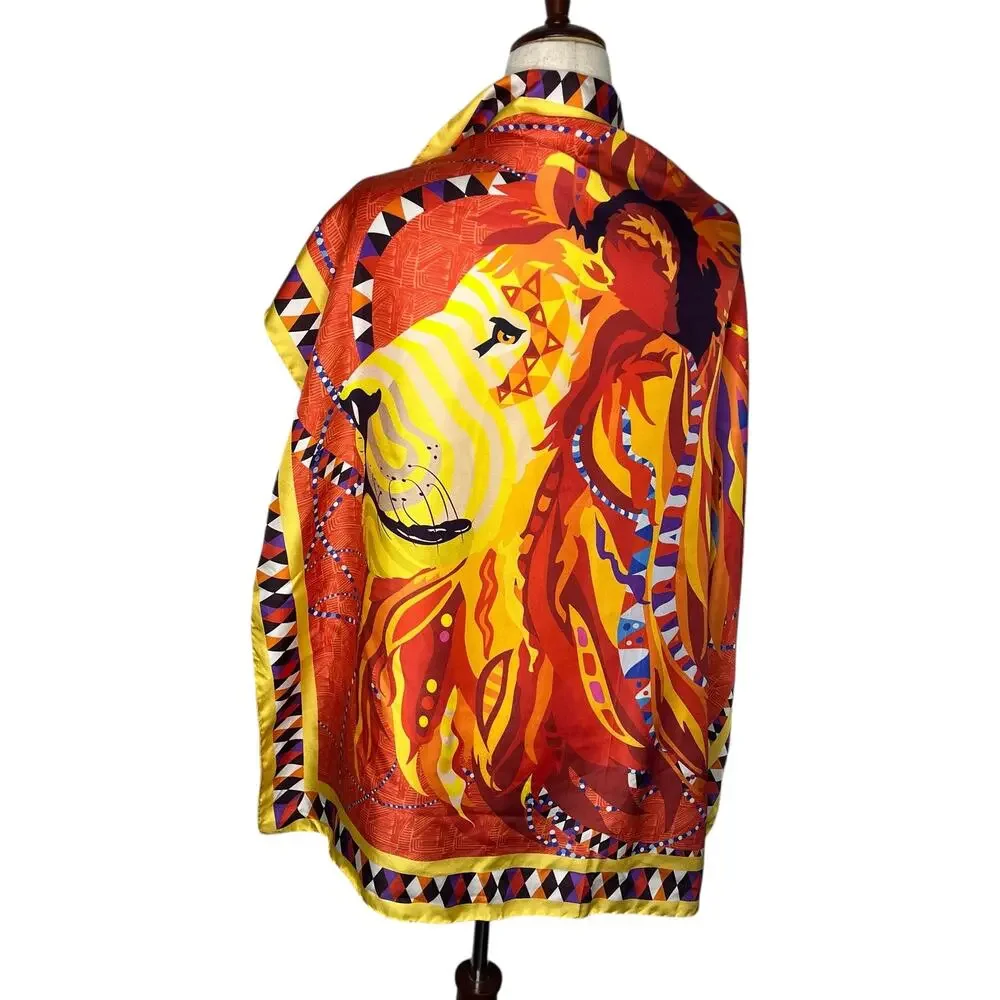 Scarf Me Scarf Silk Lion Graphic All Over Print Gold Yellow Red Fire Square 35